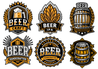 Set of vintage beer logos with beer cap, mugs, barrels, brewery emblems and other beer related elements for beer industry and brewery branding and handcrafted brews
