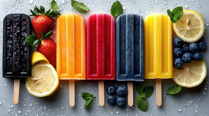 Colorful Popsicles with Fresh Berries and Citrus Fruits on Display