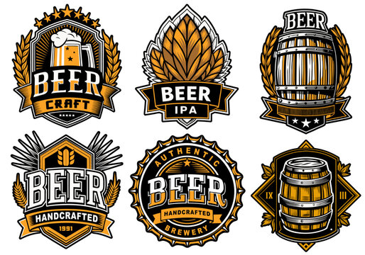 Set of vintage beer logos with beer cap, mugs, barrels, brewery emblems and other beer related elements for beer industry and brewery branding and handcrafted brews
