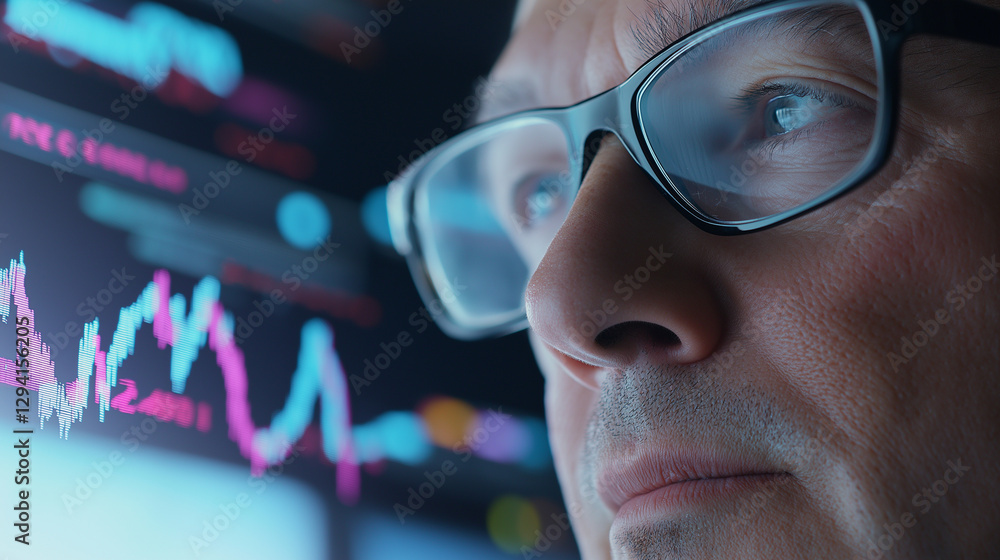 Poster a senior man looking thoughtfully at a screen with financial data and stock market graphs in front o