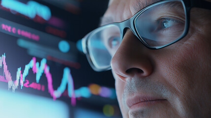 A senior man looking thoughtfully at a screen with financial data and stock market graphs in front of him.
