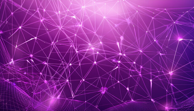 Abstract polygonal space on bright purple background with glowing connecting dots and lines. Plexus structure. Graphic purple pink illustration.