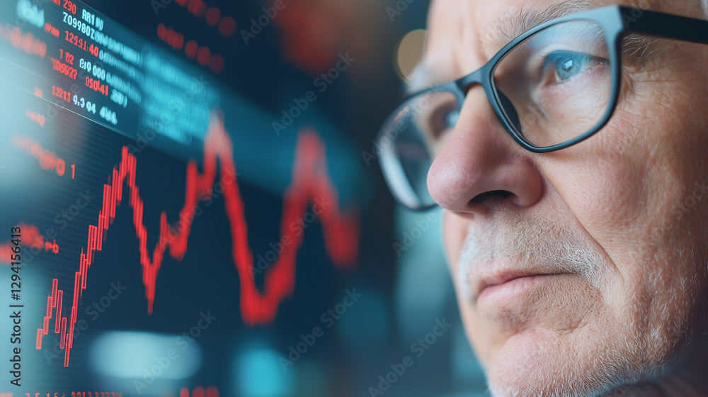 Poster a senior man looking thoughtfully at a screen with financial data and stock market graphs in front o