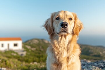 Golden retriever stands proudly against serene landscape with di