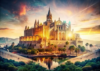 Mallorca Cathedral Aerial View: Double Exposure of Cityscape & Ocean