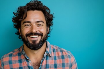Obraz premium Happy man smiling, teal background
