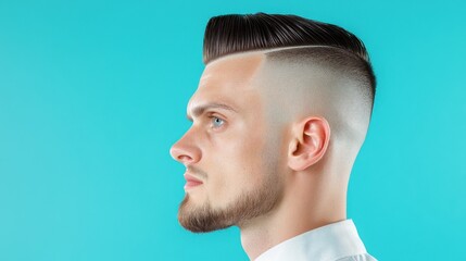 Fototapeta premium Elevate Your Style Discover the Essence of a Well-Dressed Man with a Perfect Haircut, Embodied in a Sleek and Minimalist Look Explore our curated collection showcasing impeccable grooming, sharp