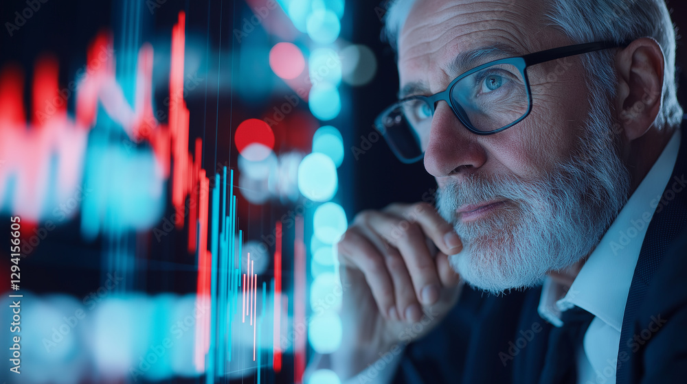 Poster a senior man looking thoughtfully at a screen with financial data and stock market graphs in front o