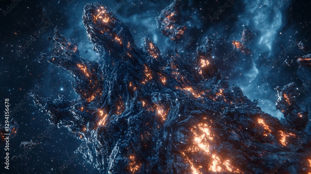 Poster aggressive cosmic landscape with vivid fiery elements and dark organic structures floating in deep s