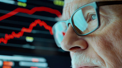 A senior man looking thoughtfully at a screen with financial data and stock market graphs in front of him.