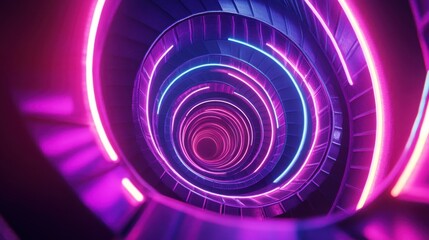 Obraz premium A glowing neon spiral staircase leading through different decades, dreamlike perspective