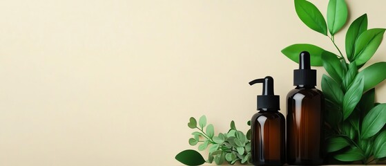 Elegant beauty products with green foliage.