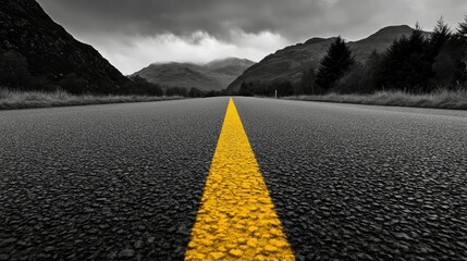 Road stretches through dramatic mountains under a moody sky showcasing a vibrant yellow line guiding the way