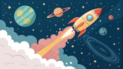 Whimsical Space Adventure: Exploring the Cosmos with Colorful Rockets and Celestial Wonders