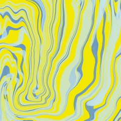 Abstract artwork featuring wavy, organic lines in shades of blue, light blue, and yellow. The lines create a fluid, dynamic pattern that evokes a sense of movement and flow. 