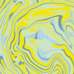 Abstract design featuring wavy, swirling patterns in vibrant yellow and muted blue. The organic curves create a marbled effect, reminiscent of fluid movement