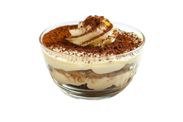 Delicious Tiramisu Dessert In A Glass Cup. Creamy Treat With Cocoa Powder.