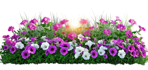  Pink and white flowers in the foreground, purple petunias, green grasses, and sun rays behind, white background, cutout, isolated on a transparent background PNG 