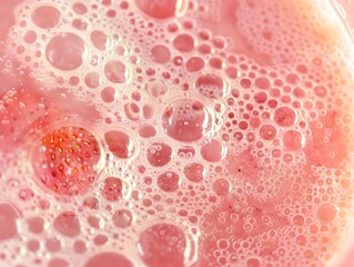 Frothy Strawberry Whey Protein Smoothie with Visible Fruit Particles