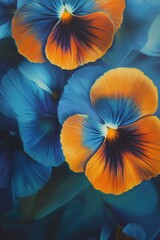 Obraz premium Colorful pansy flowers close-up in vibrant blue and orange shades, garden beauty, nature photography, floral background, spring season, botanical illustration.