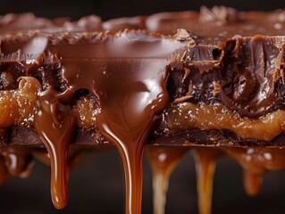 Extreme Close-up of Decadent Chocolate Protein Bar with Gooey Caramel Filling and Glossy Coating