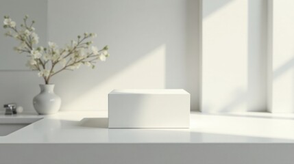 A pristine white box rests on a minimalist counter, bathed in soft sunlight, beside a delicate arrangement of white blossoms in a simple vase.