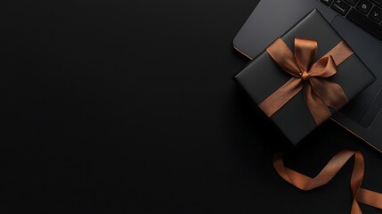 Black gift box with copper ribbon on laptop.