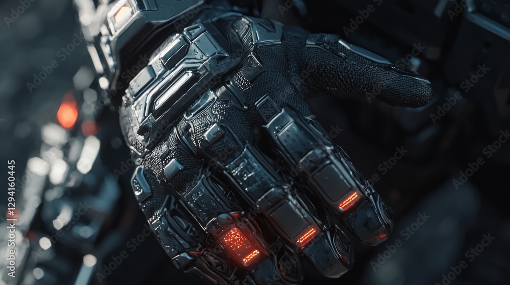 Poster futuristic robotic hand with glowing elements showcasing advanced technology and innovation in a sci