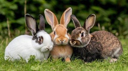 Obraz premium Group of three adorable rabbits relaxing together on green grass in a sunny garden on a pleasant day