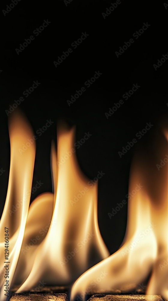 Poster flames flicker and dance in a darkened setting, creating a warm glow that illuminates the surroundin