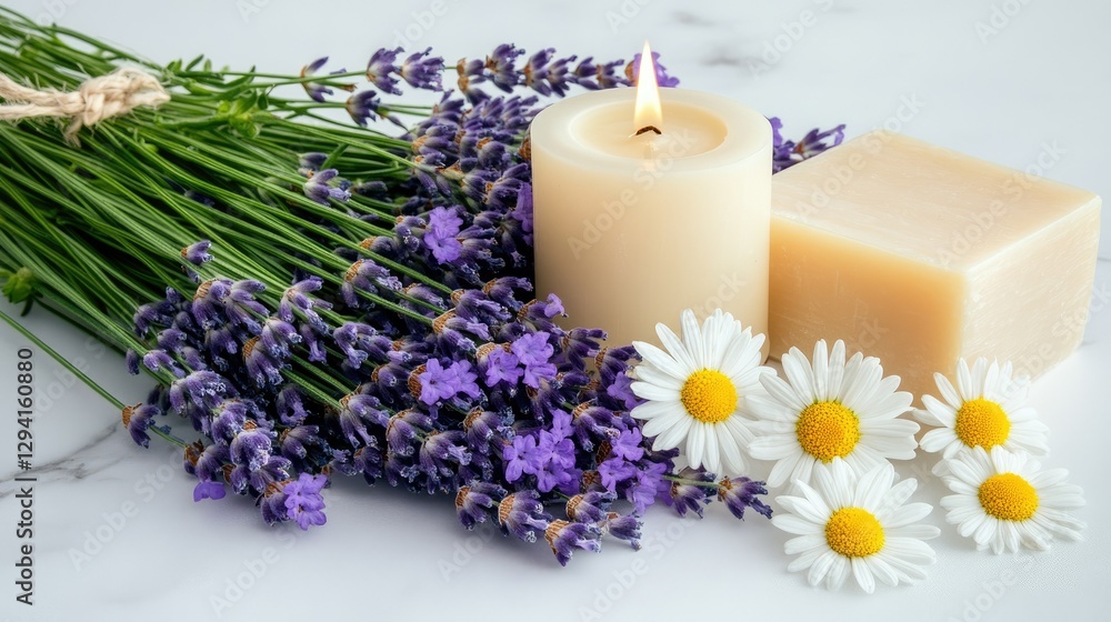 Poster lavender and chamomile flowers arranged with a candle and a bar of soap on a marble surface create a