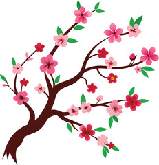Oriental cherry branch with flowers vector art illustration