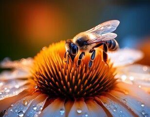Naklejka premium Bee Resting on a Flower with Dew Drops