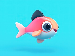 Adorable cartoon fish with pink and white body, black fin, and big eyes, swimming against a light blue background.