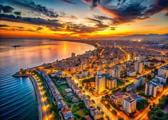 Fototapeta premium Mersin Turkey Sunset Aerial Cityscape - Glowing Urban Landscape at Dusk