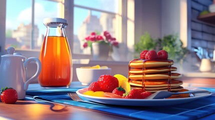 Bright Breakfast Table with Pancakes, Fruits, and Syrup