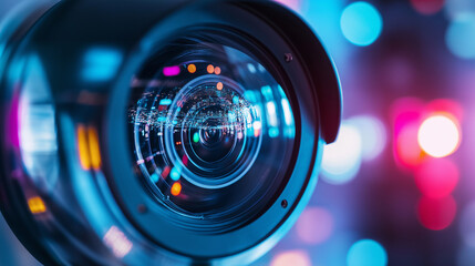 A close-up of a security camera with vibrant neon lights and digital data reflections in the lens, representing surveillance technology.
