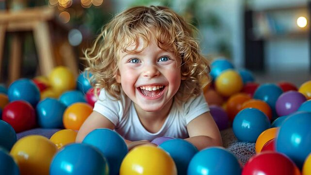 happy child lying in pile of colorful balls, top view, playroom, toys, pool full of balloons, kid play the game