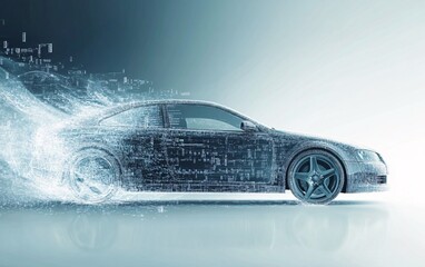 Naklejka premium Digital Evolution: Futuristic car emerging from a digital cloud, representing innovation, speed and technology, creating the feel of future automotive, cutting edge concepts
