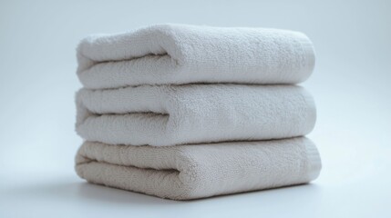 A stack of white towels neatly arranged on a white background, creating a clean, minimalist, and fresh aesthetic.