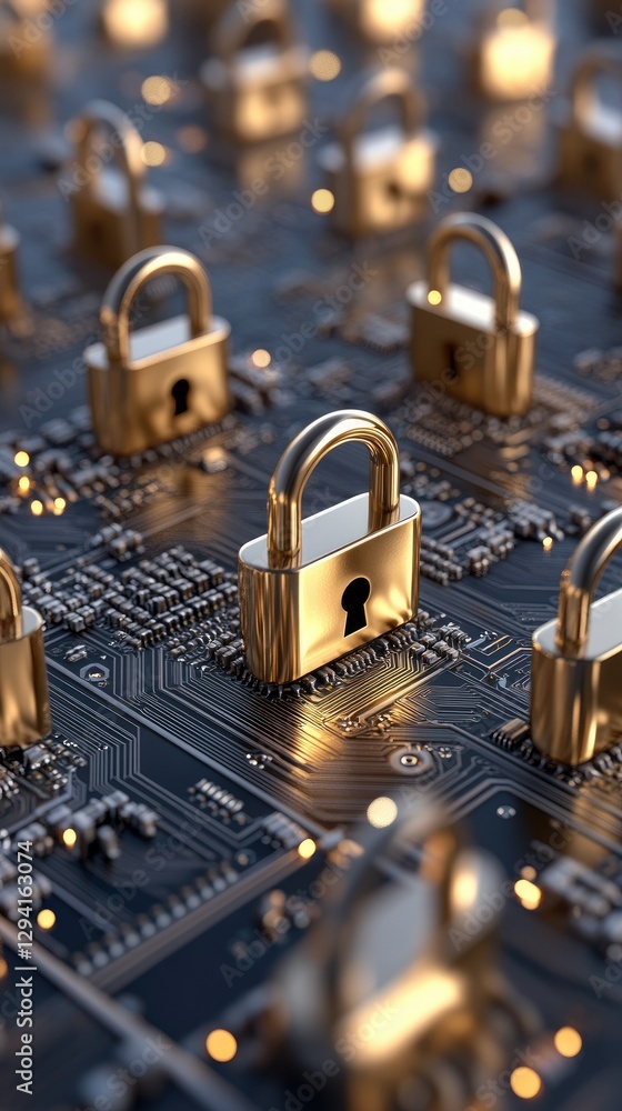 Poster digital security locks placed on a circuit board symbolize cybersecurity and protection of informati