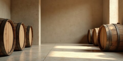 Wooden Barrels in a Rustic Cellar Setting with Soft Light