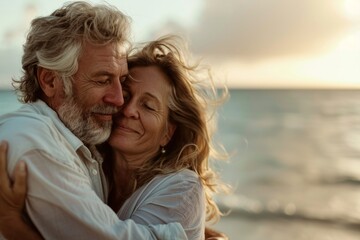 Obraz premium Portrait of a blissful caucasian couple in their 50s sharing a hug on the seashore
