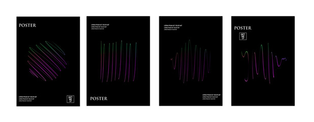 Linear poster cover background vector set. rough lines  shapes and spirals inspired by neon theme. Modern neon collection for social media, wall art, flyers, Deco.