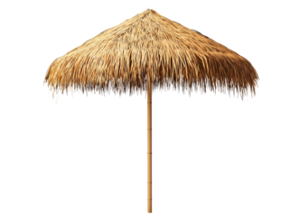 A realistic photograph of an open tiki-thatched umbrella against a solid transparent background PNG 