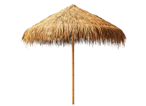 A realistic photograph of an open tiki-thatched umbrella against a solid transparent background PNG 