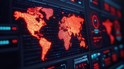 Cybersecurity data protection through collaboration. Digital world map illuminated in red on a high-tech screen display.