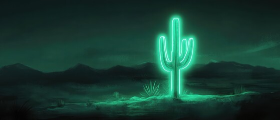 Cactus neon sign glowing at night in desert landscape with mountains, showcasing vibrant colors and serene atmosphere for modern decor and art inspiration.