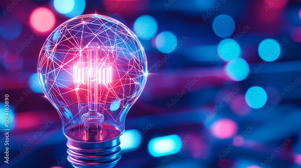 Poster a close-up of a glowing light bulb with neon-colored filaments, surrounded by colorful bokeh lights 