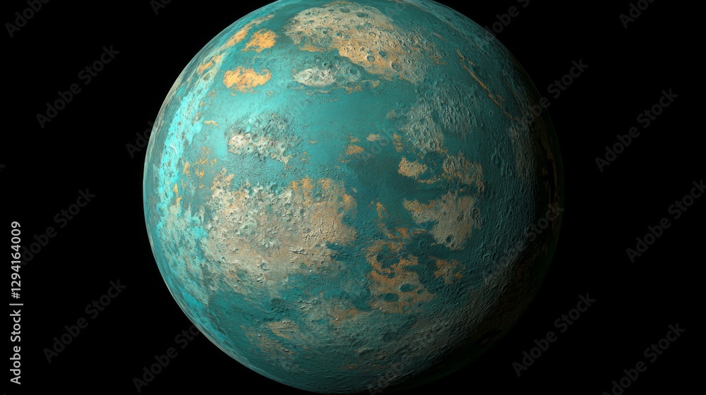 Poster stunning view of a vibrant planet with turquoise surface and varied geological patterns against a bl